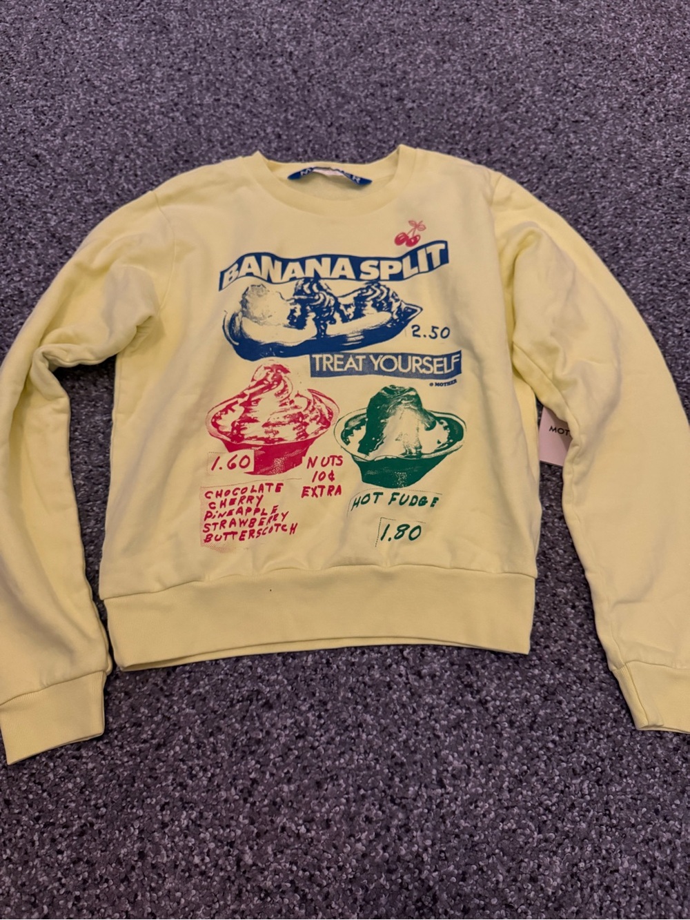 MOTHER Yellow Crewneck Sweater with Retro Banana Split Graphic